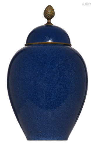 An 18th/19thC Chinese bleu poudré jar, the European cover (with a Sèvres mark and bronze mounts) was added: on a later date, H 34,4 cm