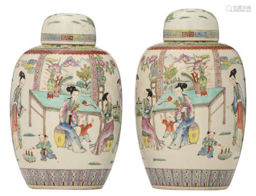 A pair of Chinese famille rose ginger jars, all-over decorated with playing boys and beauties in a garden, H 28,5 - 29 cm