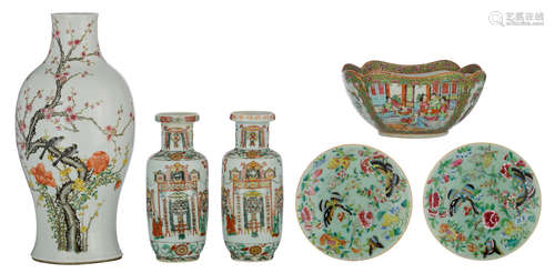 Two Chinese famille verte vases, decorated with a scene, depicting 'a visit to a temple'; added: a Canton lotus-shaped bowl, the roundels famille rose decorated with animated scenes and birds on flower branches; extra added: a famille rose vase with birds on flower branches; extra added: two celadon ground dishes with butterflies, fruits and flowers, H 12,5 - 42,5 - ø 20 - 26,5 cm 