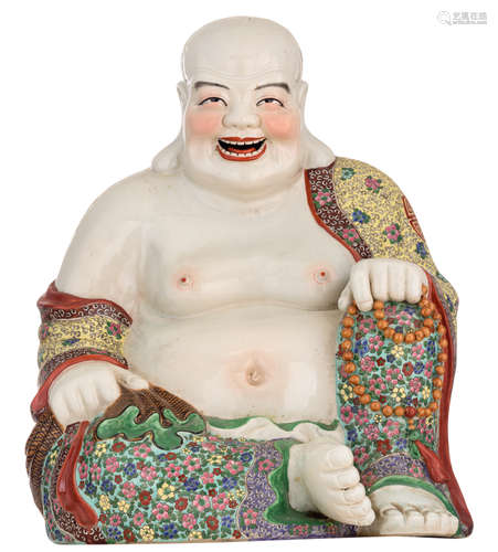 A Chinese polychrome decorated smiling Budai, holding a chain of praying beads, with an impressed mark, H 53 - W 43,5 - D 41,5 cm   