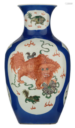 A Chinese bleu poudré begonia shaped vase, the roundels famille verte decorated with playing kylins and flower bundles, H 34 cm  