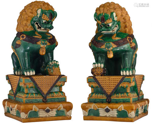 A pair of large guardian Fu lions in sancai, on matching ditto bases, H 99 - 100,5 - W 45,5 - 46 - D 55,5 cm    