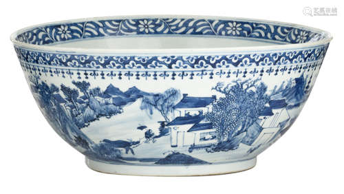 A Chinese blue and white bowl, decorated with a village scene in a mountainous landscape, with a Xuande mark, 19thC, H 15 - ø 34,5 cm     