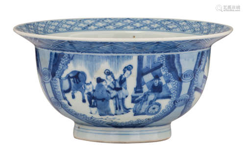 A Chinese blue and white 'klapmuts' bowl, the roundels decorated with scenes from 'The Romance of the Western Chamber', the inside decorated with playing boys, marked Chenghua, H 10 - ø 20,5 cm   