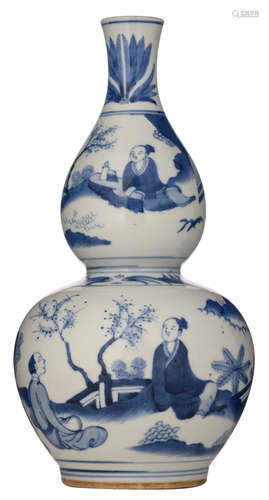 A Chinese blue and white double-gourd vase, decorated with figures in a garden setting, H 30 cm