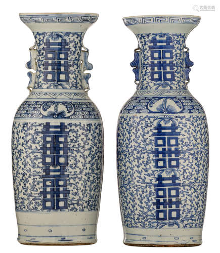 Two Chinese blue and white 'Xi' vases, decorated with bats and flower scrolls, with Fu lion handles, H 57,5 - 58,5 cm 