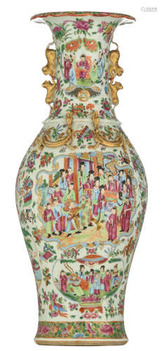 A Chinese Canton famille rose vase, decorated with various fruits, Buddhist symbols, flowers and butterflies, the roundels decorated with court scenes, some roundels shaped like antiquities, the shoulder encircled with gilt painted chilongs, paired with ditto Fu lion handles, H 64 cm
