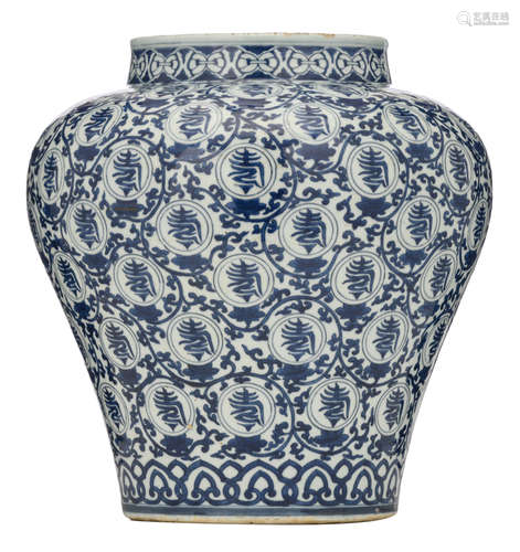 A Chinese Ming type blue and white 'shou-character' jar, decorated with a pattern of shou roundels amongst scrolling tendrils and flower buds above a band of ruyi heads at the foot rim, with a Jiajing mark, H 36 cm