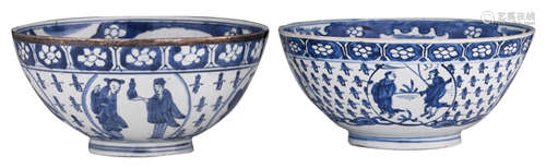 Two Chinese Ming style blue and white bowls, the roundels decorated with Immortals and separated by Shou signs, H 9,5 - 10,5 - ø 20 - 21 cm