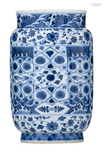 A Chinese blue and white lantern-shaped vase, decorated with a central lotus, enclosed within an Islamic-style geometric pattern, between bands of lotus scrolls and crashing waves, with a Qianlong mark, H 24 cm