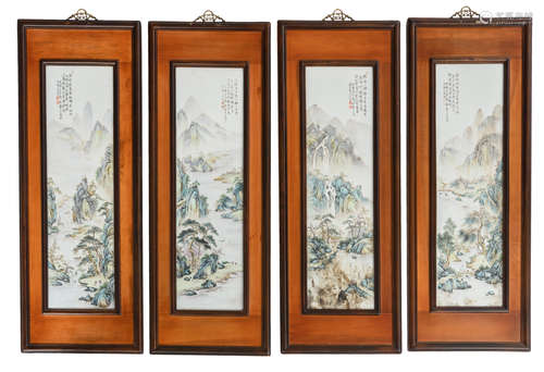 Four framed Chinese polychrome decorated porcelain plaques, depicting figures in a mountainous landscape, with text, 23 x 76 (without frame) - 39 x 102 cm (framed)