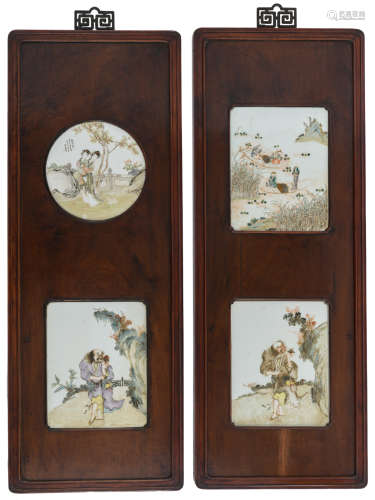 Two Chinese exotic hardwood panels with polychrome decorated porcelain plaques, one plaque decorated with Long Eliza, one plaque with fishing boats in a river landscape, both plaques with an Immortal, H 134 - W 48 cm (both frames) 