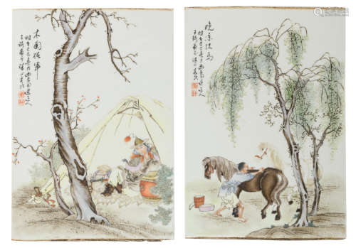 Two Chinese Republic period famille rose decorated porcelain plaques, one plaque decorated with a warrior in a tent, the other plaque decorated with an attendant preparing the horses, both plaques with a signed text, 25 x 36 cm (both)