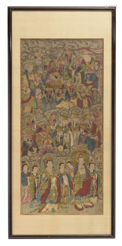 A Chinese framed scroll, watercolour on textile, depicting (the Ten Courts of Hell ?), 18th/19thC, 57 x 125 - framed 75 x 166 cm