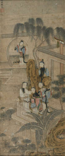 A Chinese scroll, depicting ladies of class on a terrace, accompanied by their servants, according to our information signed Gu Luo, 18th / 19thC, 27 x 64  - framed 37,5 x 74,5  cm