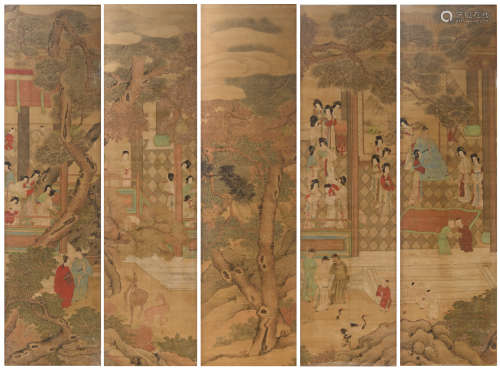An in total five-part Chinese scroll, depicting a dignitary on a terrace, accompanied and surrounded by his first woman and his concubines, female music players and his children, 18th / 19thC, each panel 47 x 174,5 - framed 50,5 x 178 cm