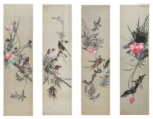 Four framed Chinese embroideries on silk, depicting birds on flower branches, 36 x 131 cm