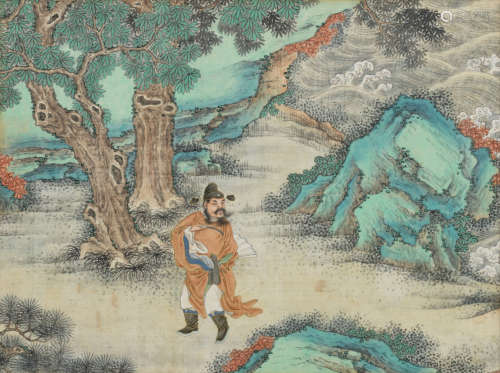 A 19thC Chinese watercolour on textile, depicting a philosopher, strolling in a landscape near to the sea, 30 x 40 - framed 43 x 52,5 cm