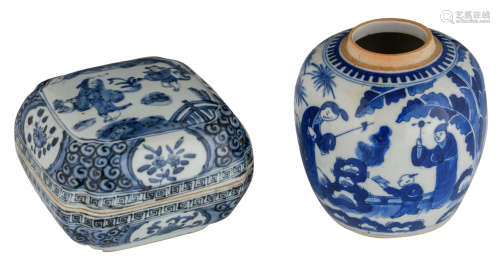 A Chinese blue and white jarlet, all around decorated with children, playing in the garden, with a Kangxi mark; added: a ditto Ming type box and cover, the roundels with flowers of the four seasons, the central roundel with figures in a garden, H 9,5 - 13 - W 13,5 - D 13,5 cm  