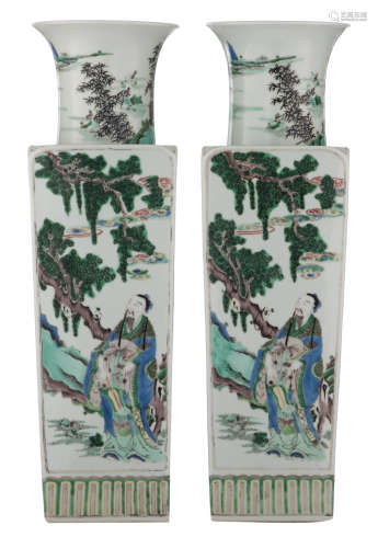 Two Chinese Republic period famille verte quadrangular vases, decorated with Fu, Lu, and Shou Xing and their boy servants in a garden setting, H 52 cm