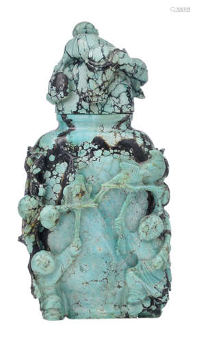 A Chinese carved turquoise vase and cover, Qing Dynasty, on a matching wooden base, H 12,5 (without base) - 14,5 cm (with base)