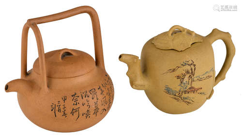 Two Chinese yellow zisha teapots, the 'tree leaf' teapot decorated with a village landscape and signed text, the teapot with handle decorated with flower branches and signed text, with a (maker's?) mark, H 12 - 16 - ø 15,5 - 18,5 cm   