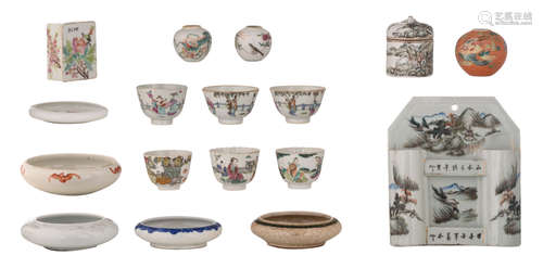 A collection of various polychrome decorated scholar's objects, consisting of water pots, jars, a brush holder and tea cups, decorated with a mountainous river landscape, birds on flower branches, bats, antiquities, etc., some marked, H 3,5 - 21,5 - W 6,5 - 19 - D 3 - 8,5 - ø 7 - 13,5 cm