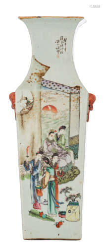 A Chinese polychrome decorated quadrangular vase, decorated with a dignitary and his female servants in a garden setting, the reverse with a pair of herons and flower branches, with signed texts and lion's head shaped handles, H 55,5 cm