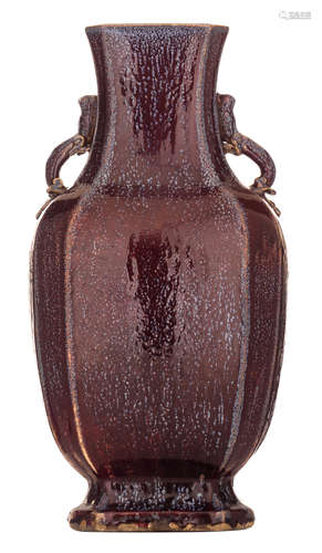 A Chinese flambé-glazed hexagonal vase with handles, shaped like chilongs, H 52 cm   