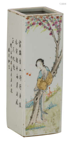 A Chinese polychrome quadrangular vase, decorated with a beauty in a garden, a mountainous landscape and texts, H 28,5 cm  