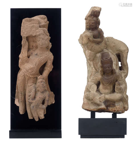 Two Northern Indian stone sculptures, 11th - 13thC, ex Gallery Grusenmeyer, H 26 (without base) - 33 (with base) - B 10 - 12 cm (without base)