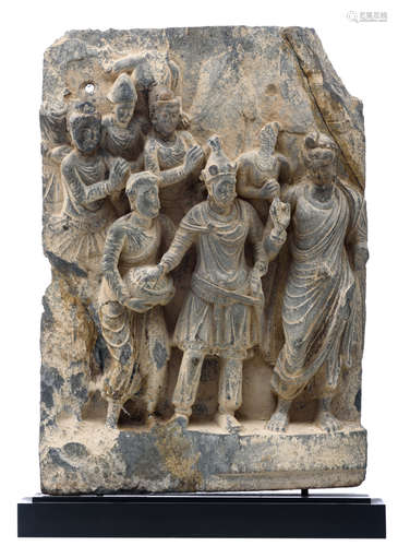 A Ghandara limestone group, 4thC, ex. Gallery Grusenmeyer, H 52 (without base) - 56 (with base) - W 35 (without base)- 40 cm (with base)