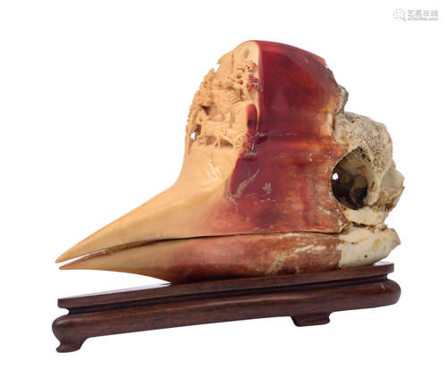 An Asian carved 'calao à bec rouge' skull on a wooden base, H 12 (without base) - 14 (with base) - W 20,5 - D 6,5 cm