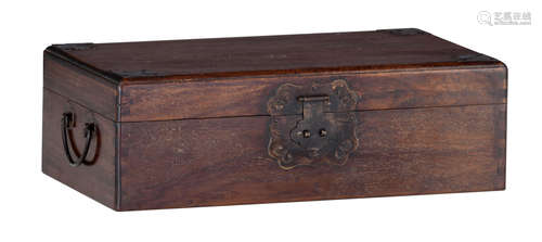 A Chinese presumably Huanghuali wooden chest, with mounts, H 11,5 - W 36 -  D 20 cm