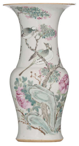 A Chinese famille rose yen-yen vase, decorated with birds on blossoming peony branches, the back with a signed text, H 40,5 cm