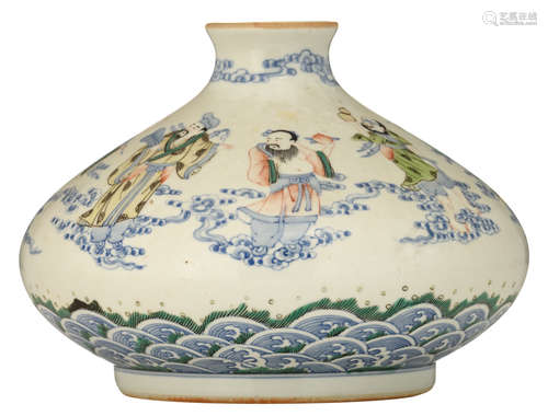 A Chinese wucai bottle vase, decorated with the Eight Immortals above crashing waves, H 15 cm  