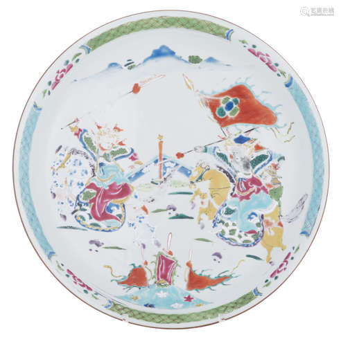 A Chinese famille rose charger, decorated with a warrior scene, ø 35 cm