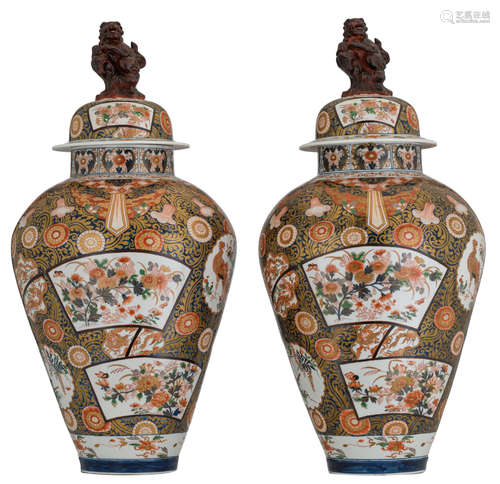 An imposing pair of Japanese late Edo period Ko-Imari vases and covers, H 98 cm