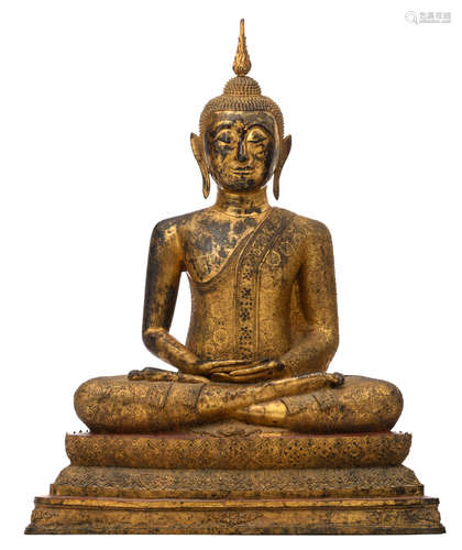 An imposing Thai gilt bronze seated Buddha, the hands in meditation, late 18th, H 118 - W 92 - D 53 cm