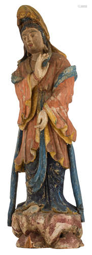 An Oriental polychrome painted wooden statue, depicting a Guanyin, 18th/19thC, with a certificate from the dealer R. Van Daele, H 75 cm 