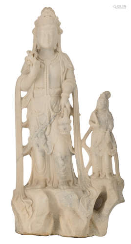 A Chinese white marble sculpture of a Guanyin and an attendant, H 87 - W 42 - D 24 cm