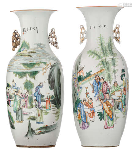 Two Chinese polychrome vases, decorated with scholars in a garden setting, the reverse with a text, H 57,5 - 58,5 cm    