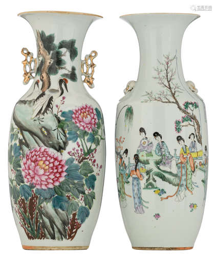 Two Chinese famille rose and polychrome decorated vases, one vase with figures and one vase with cranes among flowers, both vases with calligraphic texts, H 58,5 - 59 cm 