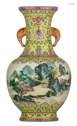 A Chinese Republic period famille rose begonia shaped vase, the neck and bottom rim lime green ground with scrolling lotus, bats and fruits, framed within lingzhi lappets, the centre part decorated with a village in a mountainous river landscape, the top and bottom turquoise glazed with a Daoguang mark, with a pair of elephant's head shaped handles, on a matching wooden base, H 34,5 (without base) - 38 cm (with base)