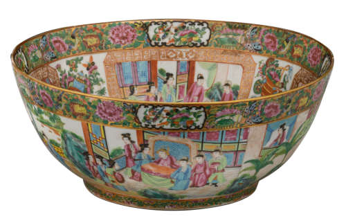 A Chinese Canton famille rose bowl, the roundels decorated with a court scene, H 16,5 - ø 40,5 cm   