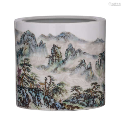 A Chinese yangcai brush pot, decorated with a mountainous river landscape, with signed text, H 18 - ø 19 cm