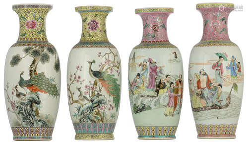 Four Chinese Republic period porcelain vases, two vases polychrome decorated with The Eight Immortals, the other vases decorated with peacocks on scholar's rocks, H 60 - 62,5 cm