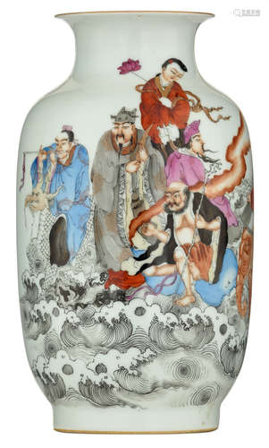 A Chinese Republic period begonia shaped vase, decorated with the Immortals, the reverse with text, with a Qianlong mark, H 31 cm     