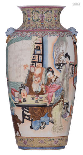 A Chinese Republic period yellow ground and famille rose baluster shaped vase, finely enamelled with lotus scrolls and ruyi lappets, the panel polychrome decorated with Shou Xing and his female attendants, with mythical beast's head handles, signed, H 56 cm