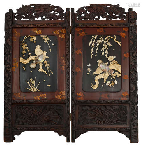 A Japanese two-fold wooden panel screen with ivory carvings of birds on flower branches and mother of pearl details, H 91 - W 43 cmAdded expertise report according to CITES legislation. For European Community use only.